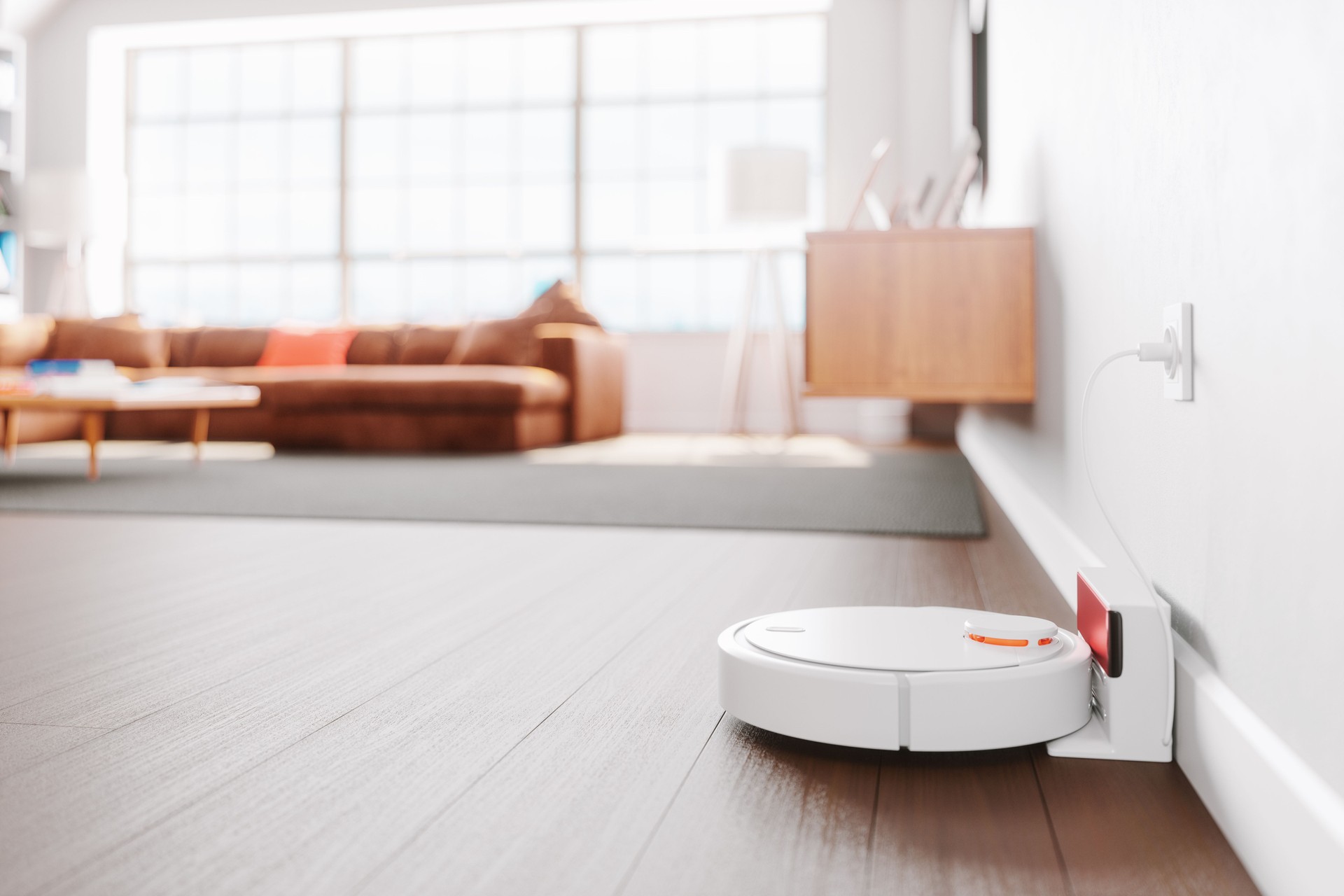 Robot Vacuum Cleaner In A Modern Living Room